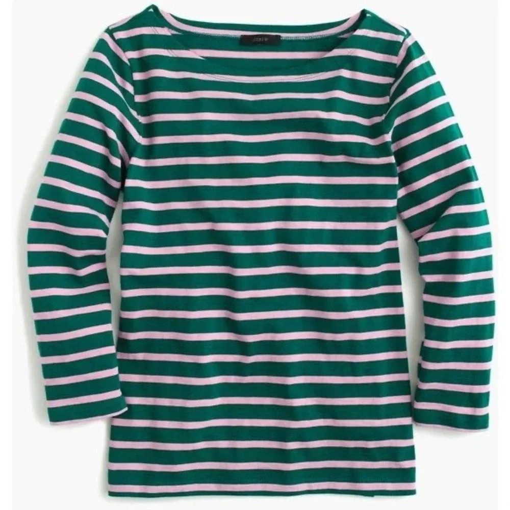 J. Crew Relaxed Long Sleeve Boatneck T-Shirt Green Pink Stripe 100% cotton xxs